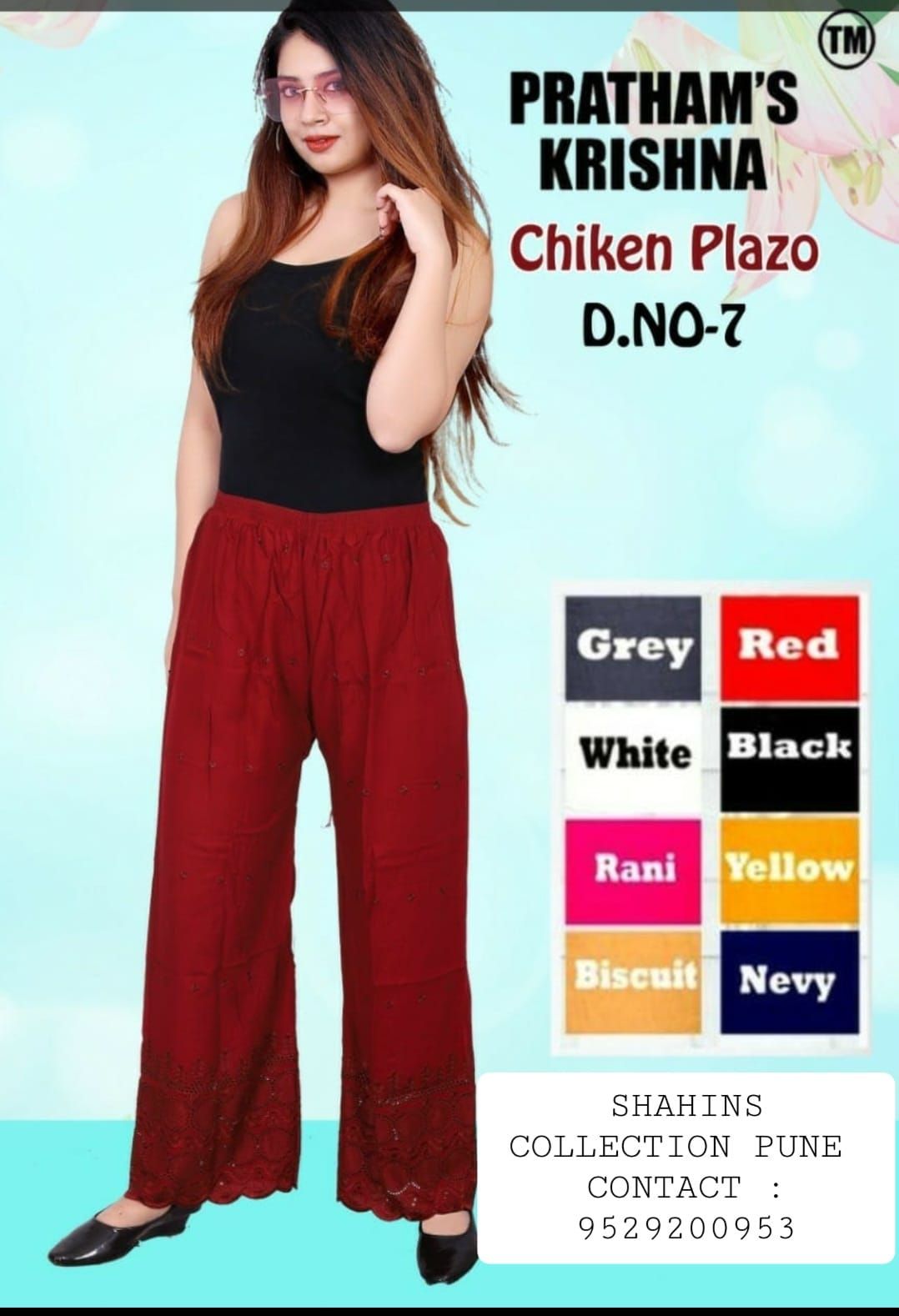 LADIES CHIKAN PALAZOOS  ( Colour  :  Red )