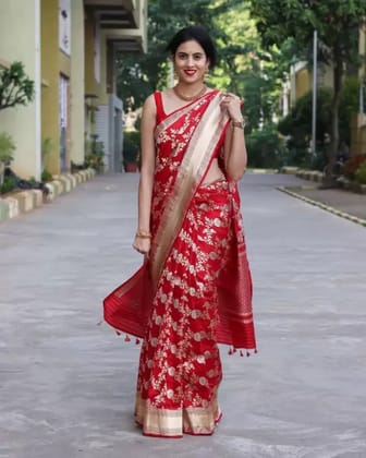 Red Heavy Zari Woven Banarasi Soft Silk Jacquard Saree