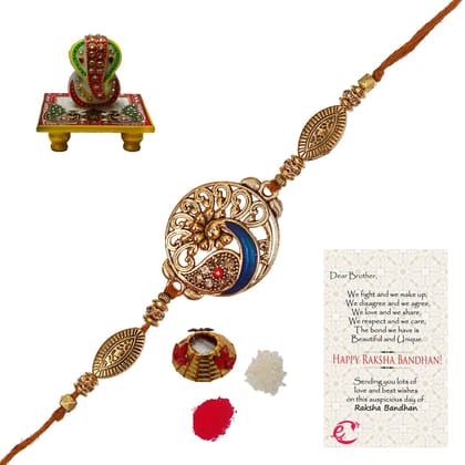 Designer Peacock Rakhi with Lord Ganesha on Marble Chowki and Roli Tikka Matki, Best Wishes Greeting Card