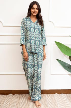 Green Color Abstract Printed Viscose Rayon Night Suit-S