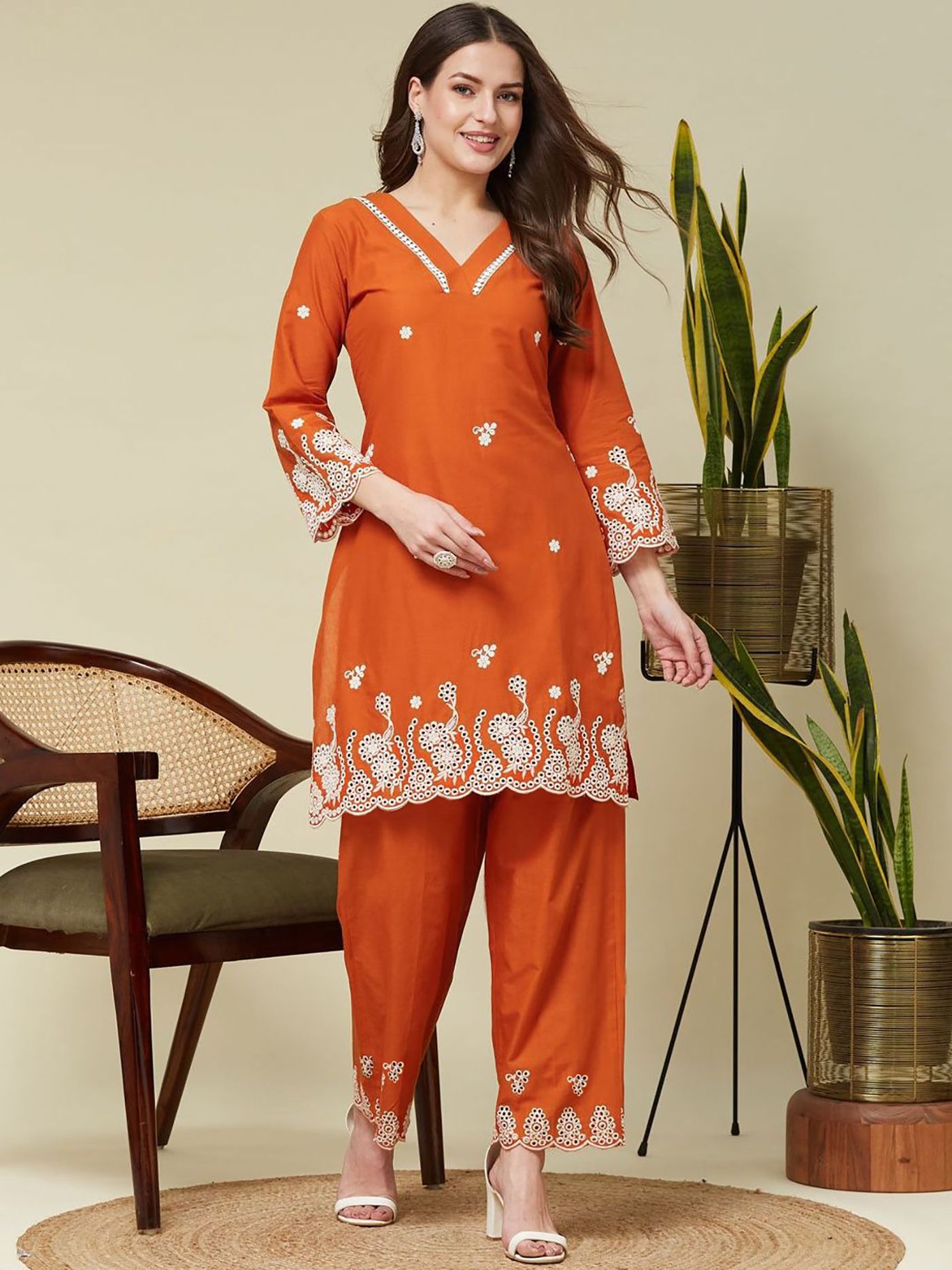Womens Ethnic Co-Ord Set Orange Schiffil Suit