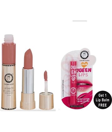 Colors Queen 2 in 1 Matte Finish Water Proof Lipstick Ice Nude With Hydrating Lip Balm (Combo of 2)