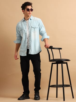 Premium Men Denim Shirt Regular Fit Full Sleeve Cotton Light Blue-S / Mid blue