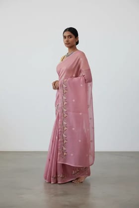 Dusty Pink Kota Doria Cotton-Silk Saree with Block-Print Buta