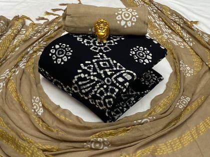 Cotton Authentic Hand Blocked Wax Batik Dress Material (Unstitched)-Black-Chiku