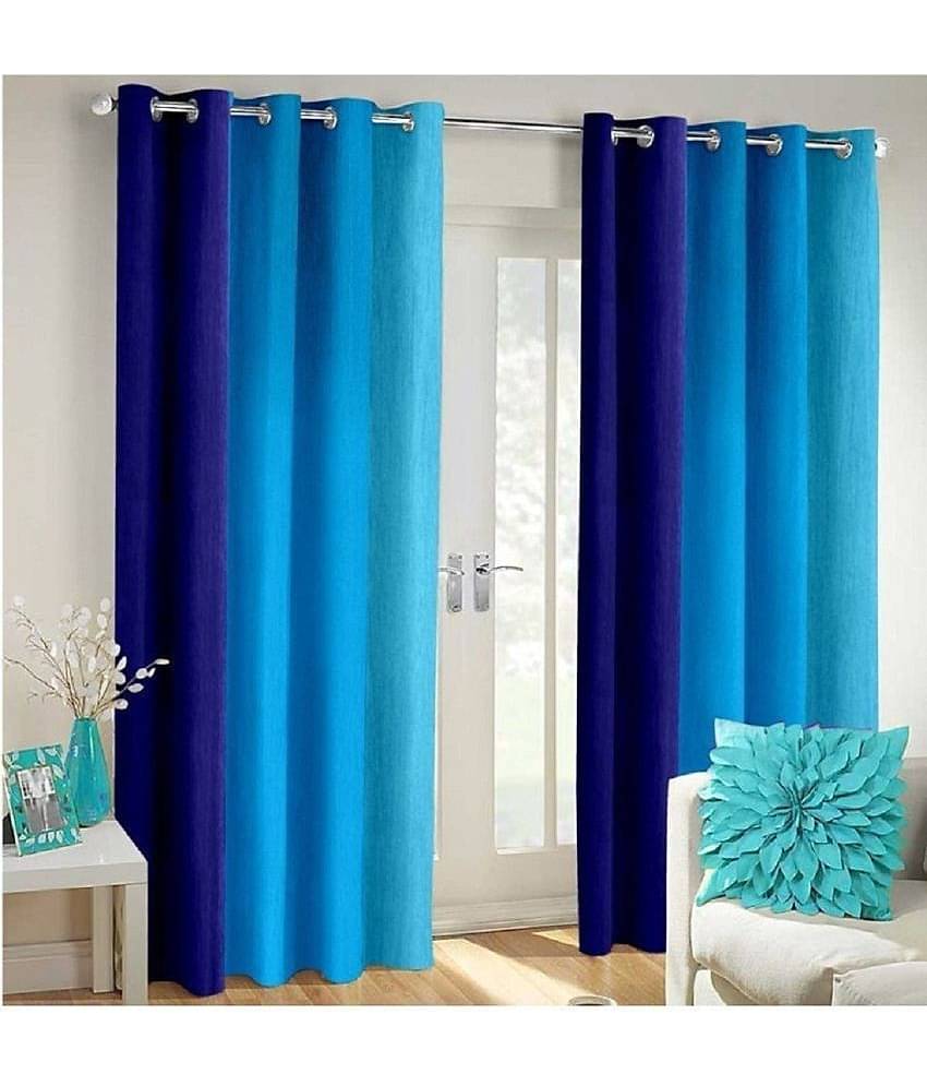 N2C Home Colorblock Semi-Transparent Eyelet Curtain 5 ft ( Pack of 2 ) - Blue