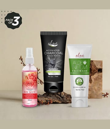 Alna Rose Water 100ml with Charcoal Face Wash 75ml & Aloe Neem Face Wash 75ml , Pack of 3