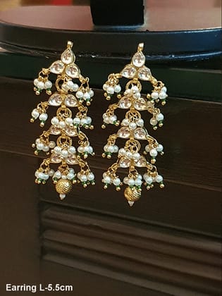 Kundan leaf design earring with green bead detailing(5.5cm long)-White