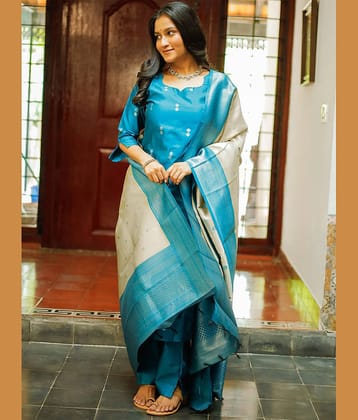 kedar fab Women Silk Self Design Straight Kurti With Pants ( Aqua Blue )