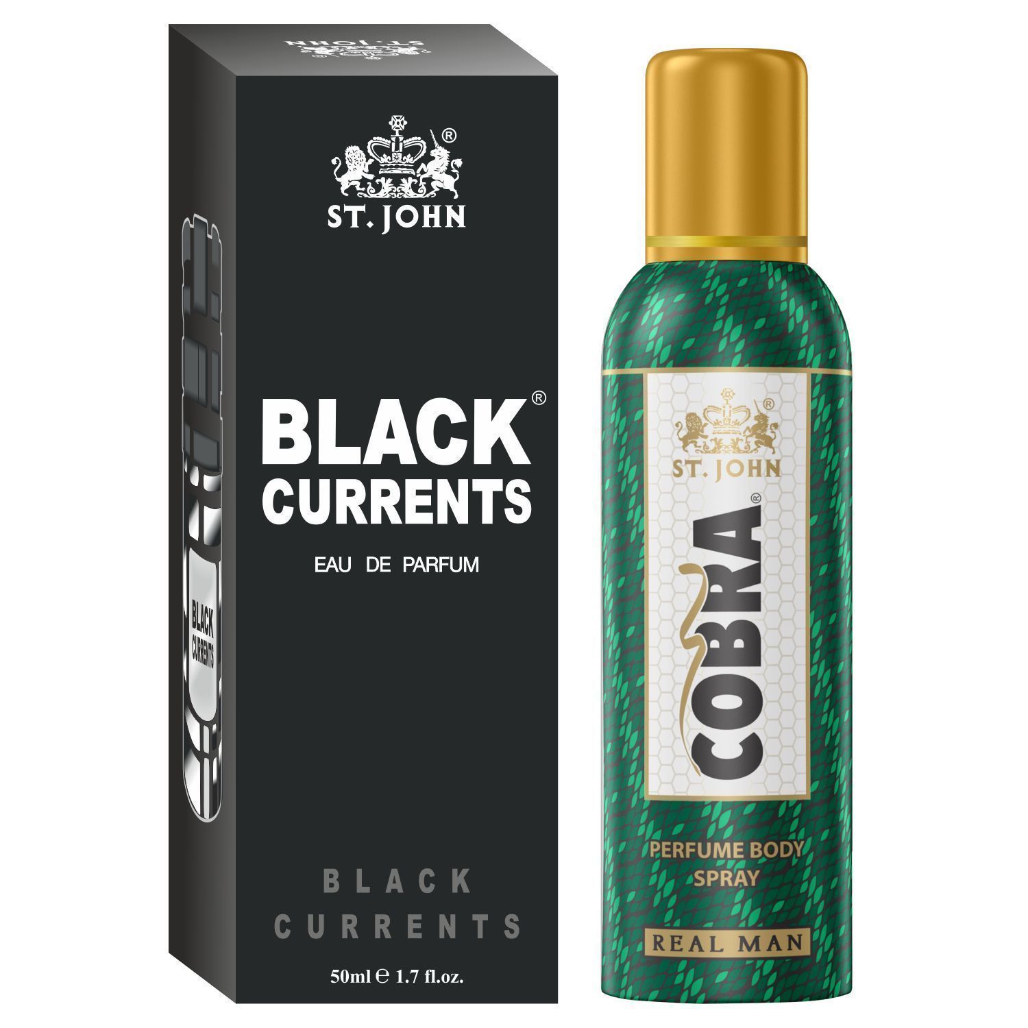 ST-JOHN Cobra Deodrant No Gas Real Man 100ml & Black Current 50ml Perfume Combo Pack Perfume Body Spray  -  For Men & Women (150 ml, Pack of 2)