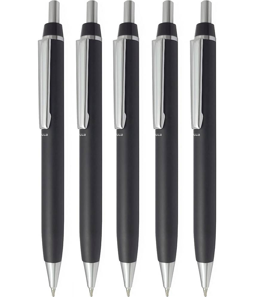 UJJi Black Color Click on and Off Matte Finish Body Pack of 5 Retractable (Blue Ink) Metal Ball Pen