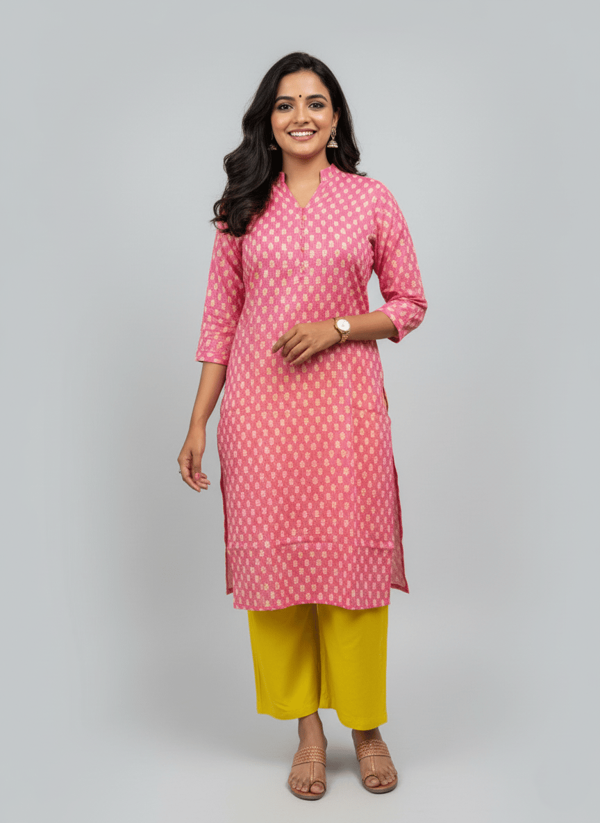 Rivaaj Ethnic Rutvi Straight Kurta (Size M) | Pink Pure Cotton Fabric with V-Neck & Collar | Daily Ethnic Wear | 3/4 Sleeves