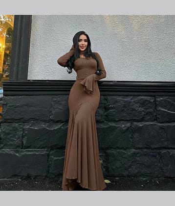 wanquila Women Lycra Fit & Flare Dress ( Beige )