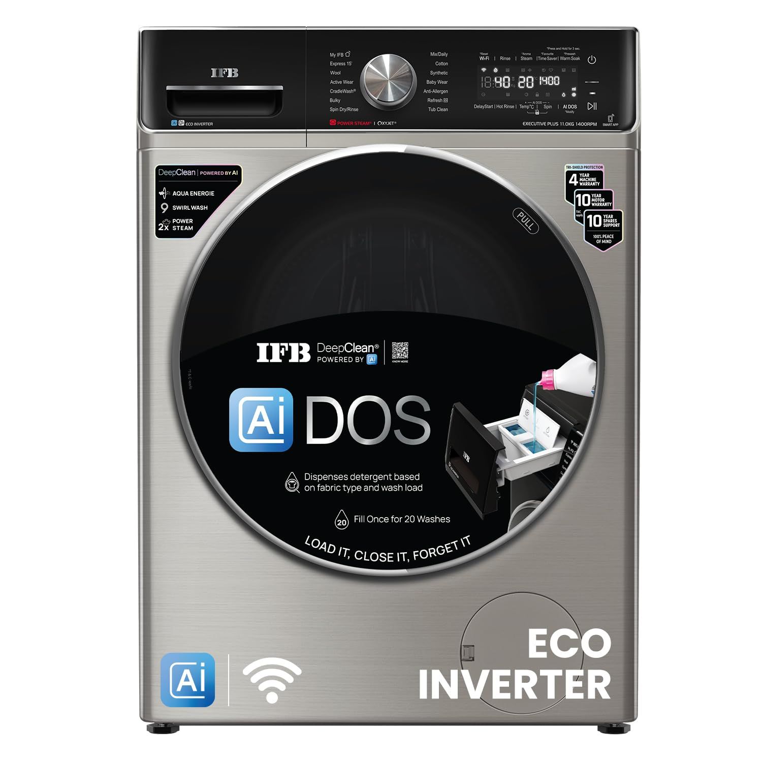 IFB 11 Kg 5 Star, DeepClean, AI DOS, WiFi, Fully Automatic Front Load Washing Machine (EXECUTIVE PLUS VSG 1114, PowerSteam, Oxyjet, 9 Swirl, Steam Refresh, Inbuilt Heater, Eco Inverter, SUS VCM) IFB 11 Kg 5 Star, DeepClean, AI DOS, WiFi, Fully Automatic 
