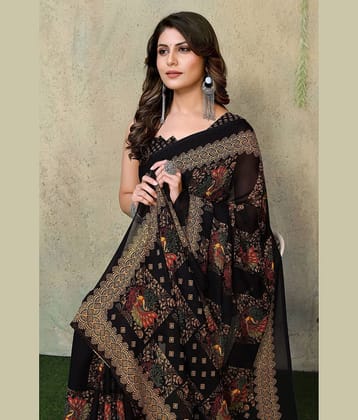 Yashika Georgette Printed Saree With Unstitched Blouse Piece ( Black )