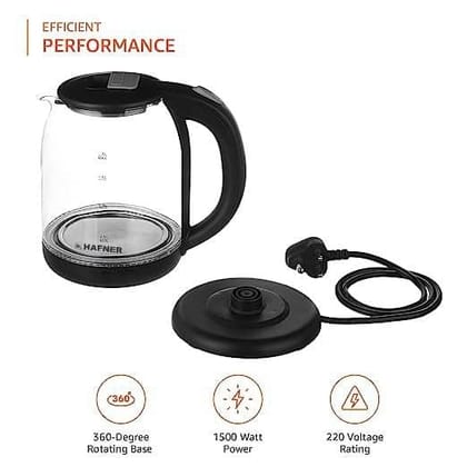 Hafner Electric Kettle with Stainless Steel Body,Used for boiling Water, Making tea and coffee, Instant noodles, Soup etc. 1500 Watt (Glass)/2 litre