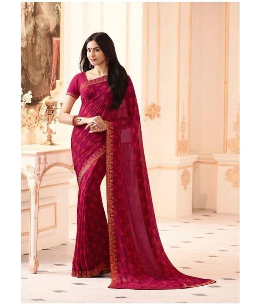Gazal Fashions Georgette Printed Saree With Unstitched Blouse Piece ( Maroon )