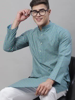 Men's Cotton Linen Foil Printed Peacock Blue Long Kurta-36