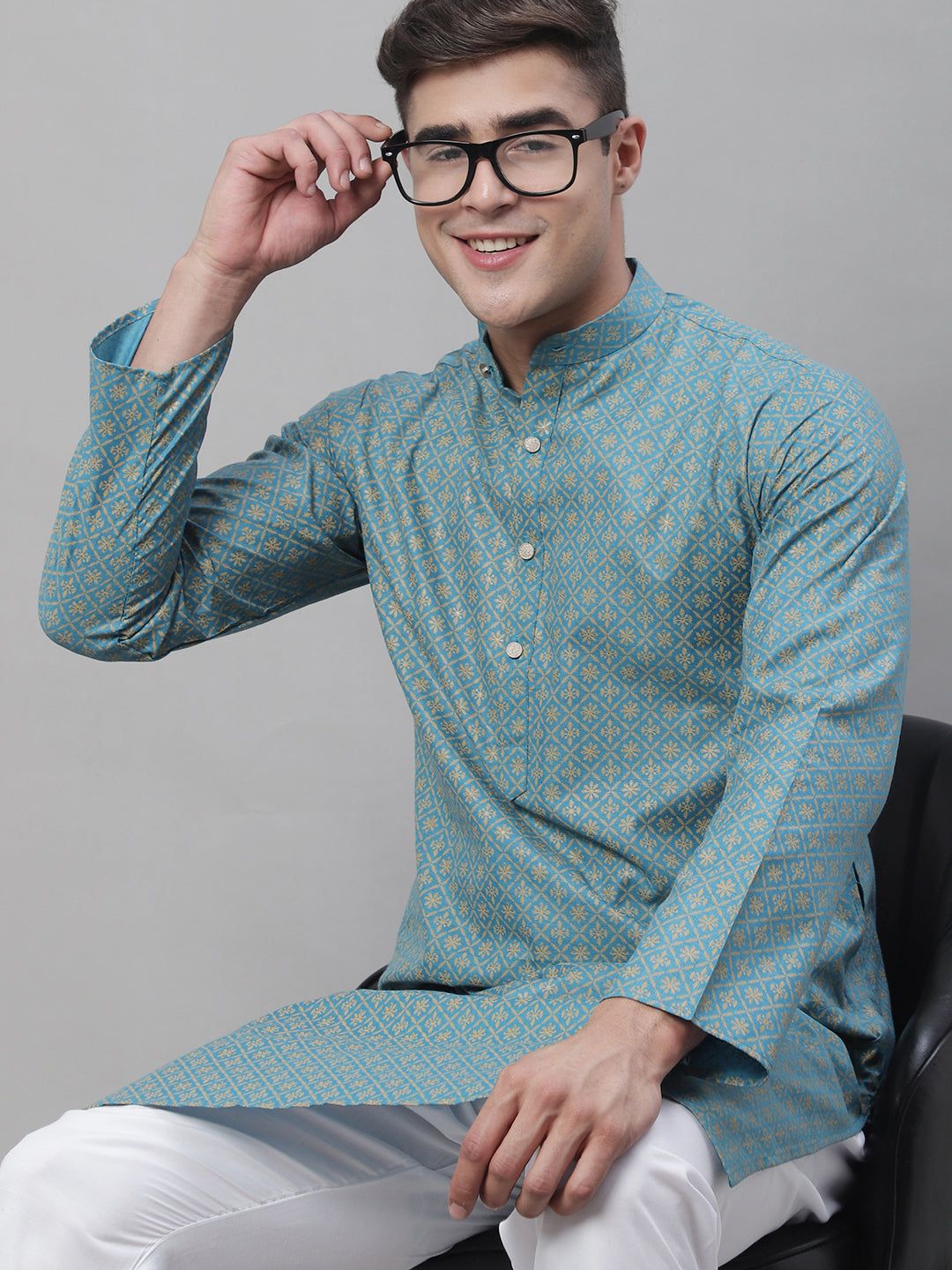 Men's Cotton Linen Foil Printed Peacock Blue Long Kurta-36