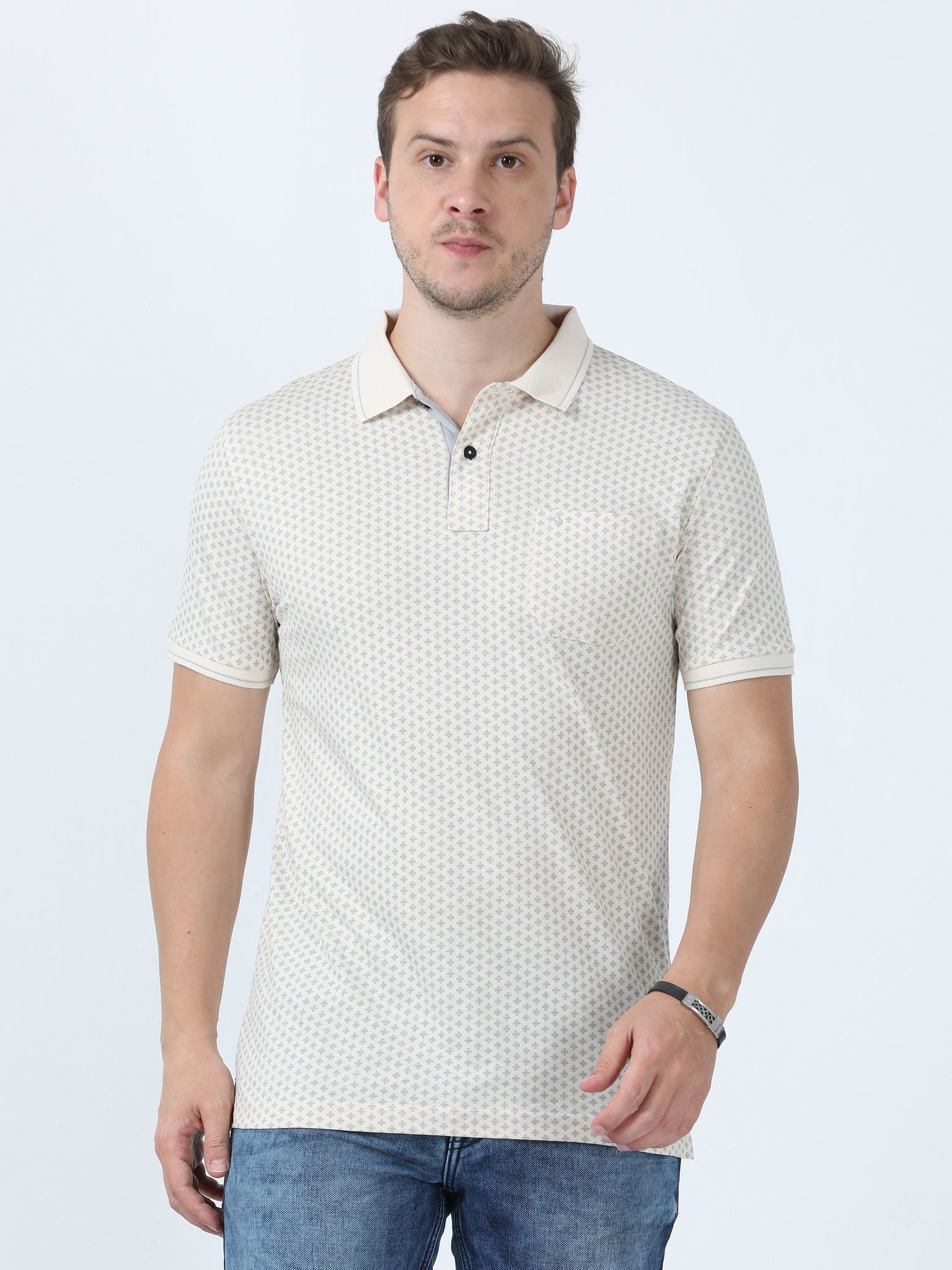 Classic Polo Men's Printed Beige Cotton Half Sleeve T-Shirt | BELLO - 268 B SF P