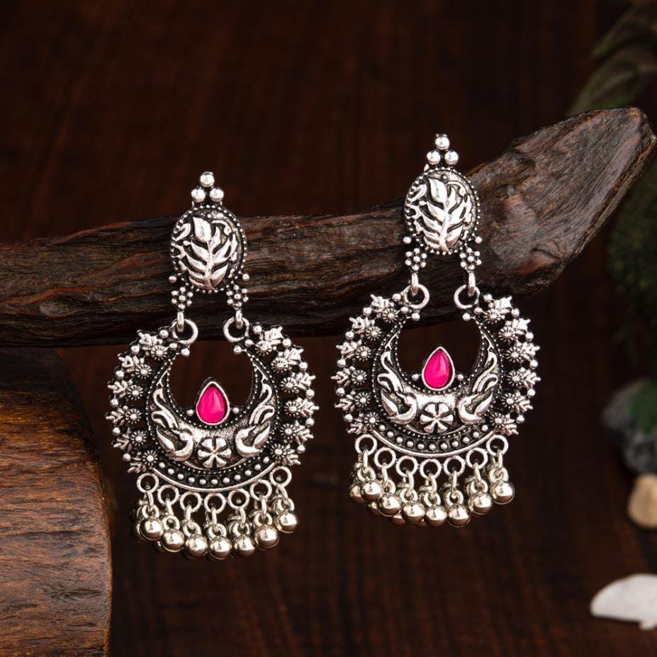 Oxidised Silver Plated Chand Bali Shaped Designed Artwork Wi