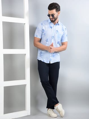 Blue Floral Print Linen Shirt-M / Blue