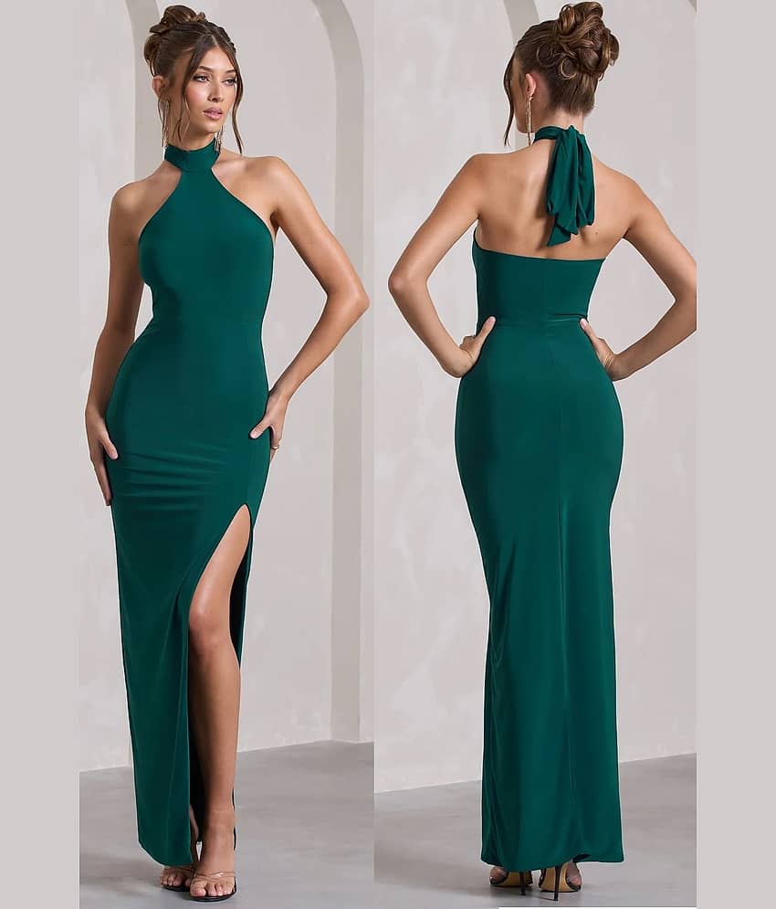 Traquila Women Lycra Solid Side Slit Dress ( Green )
