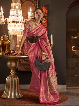 Pink Soft Silk Zari Based Handloom Weaving Saree