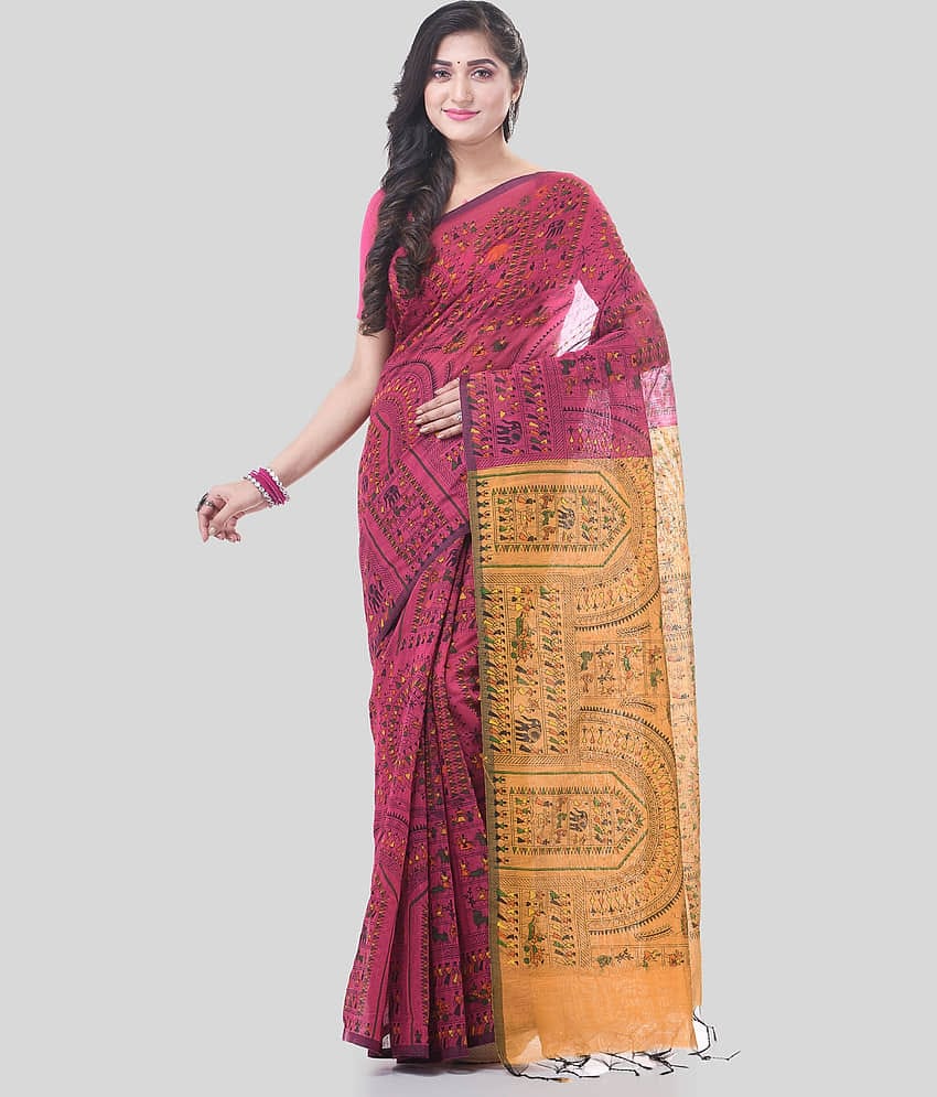 Desh Bidesh Cotton Blend Self Design Saree With Unstitched Blouse Piece ( Red )