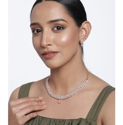 Rose Gold Plated Necklace & Earring Set with Sparkling Stones and Pink Teardrop Accents Rose Gold Plated Necklace & Earring Set with Sparkling Stones and Pink Teardrop Accents