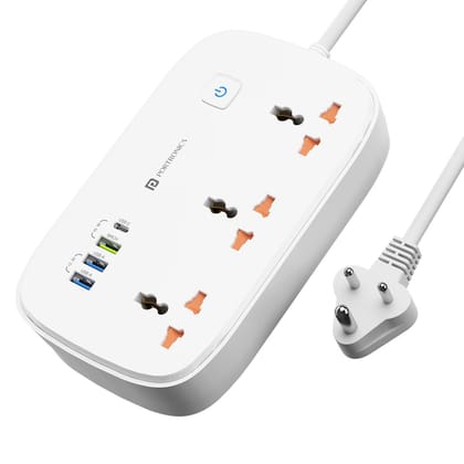 Portronics Power Plate 16, 3-Port USB Charging, 3 Universal Sockets, 45W Type-C Charging, 3 Metres Cord (White)