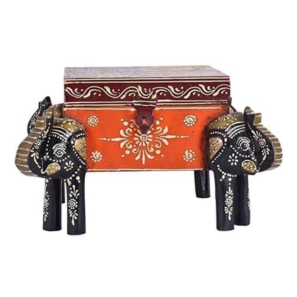 Kusum Art And Crafts wooden hanipainted Wooden jewellery Box With 4 Elephant Face (Medium, Multicolour)