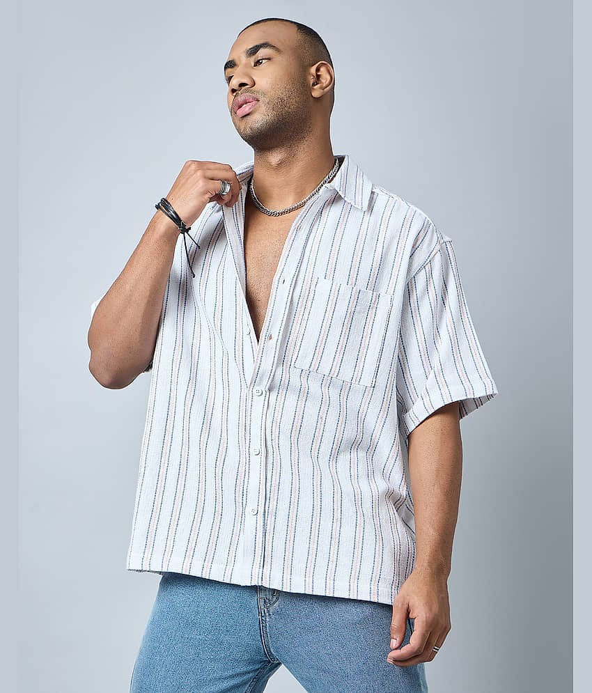 Chimpaaanzee Cotton Blend Oversized Fit Striped Half Sleeves Men's Casual Shirt - White ( Pack of 1 )