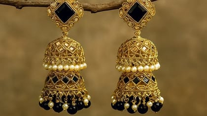 Bilasita Luxury Collection Double-Tier Jhumka Earrings (Gold & Black) | Intricate Traditional Design | Ethnic Party