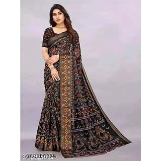 Black Colour Cotton Printed saree With Blouse Piece