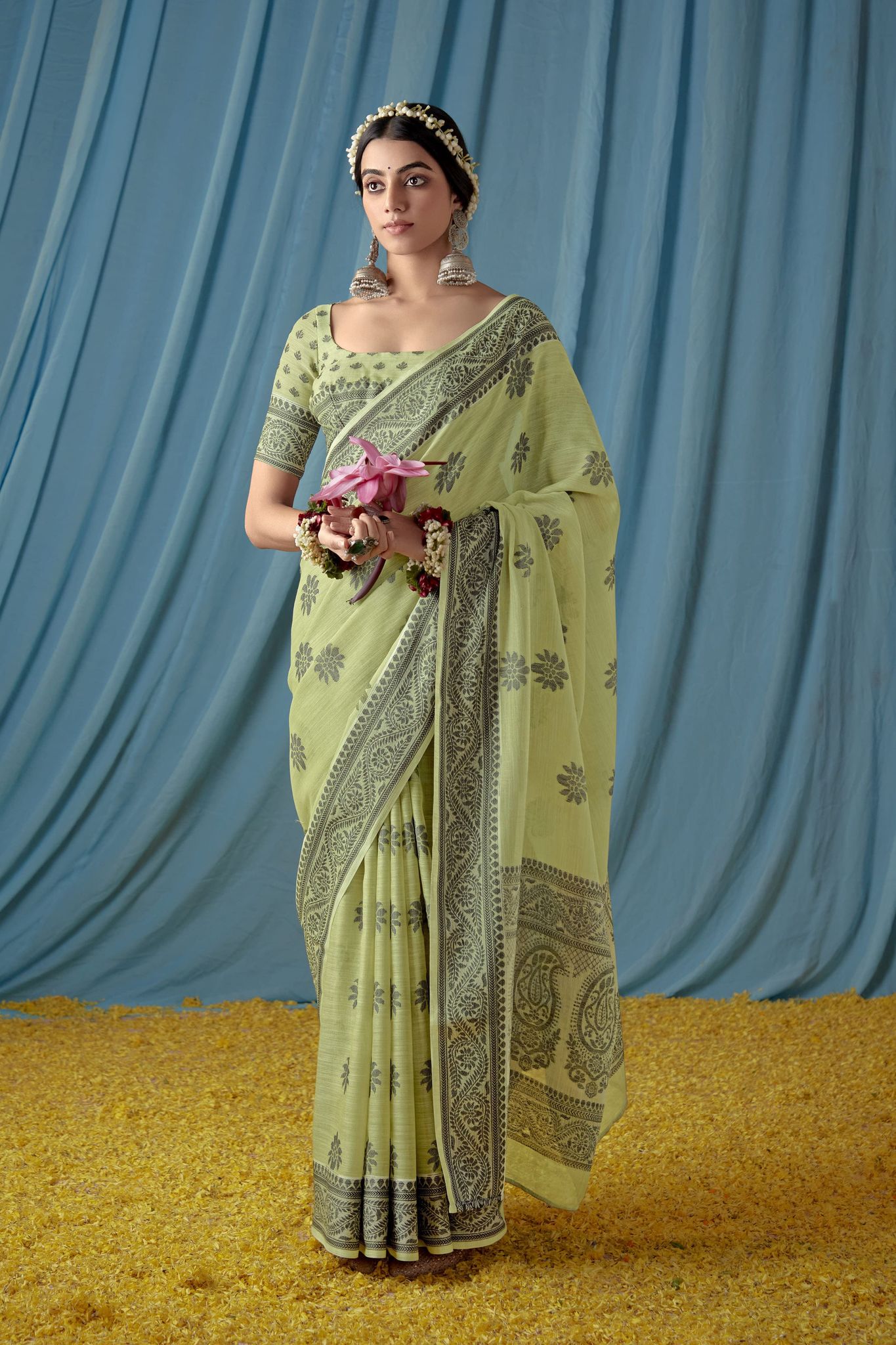 Pista Green Chikankari Floral Linen Lucknowi Saree