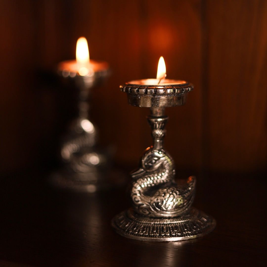 Silver Swan Tealight Holders | Elegant Candle Holders for Home & Festive Decor | Set Of 2-Silver Finish