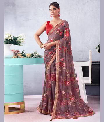 Samah Chiffon Printed Saree With Unstitched Blouse Piece ( Beige )