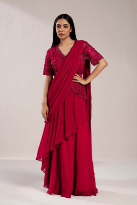 RED RUFFLE SAREE WITH EMBROIDERED BLOUSE-XS