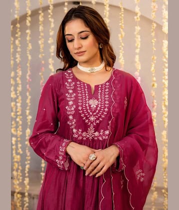 Royal Export Women Silk Blend Embroidered Anarkali Kurti With Pants ( Pink )