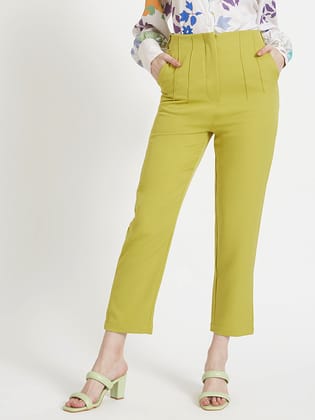 Women'S Luxury Banana Crepe Lime Green Skin Fit Multi Pleated Trouser-28