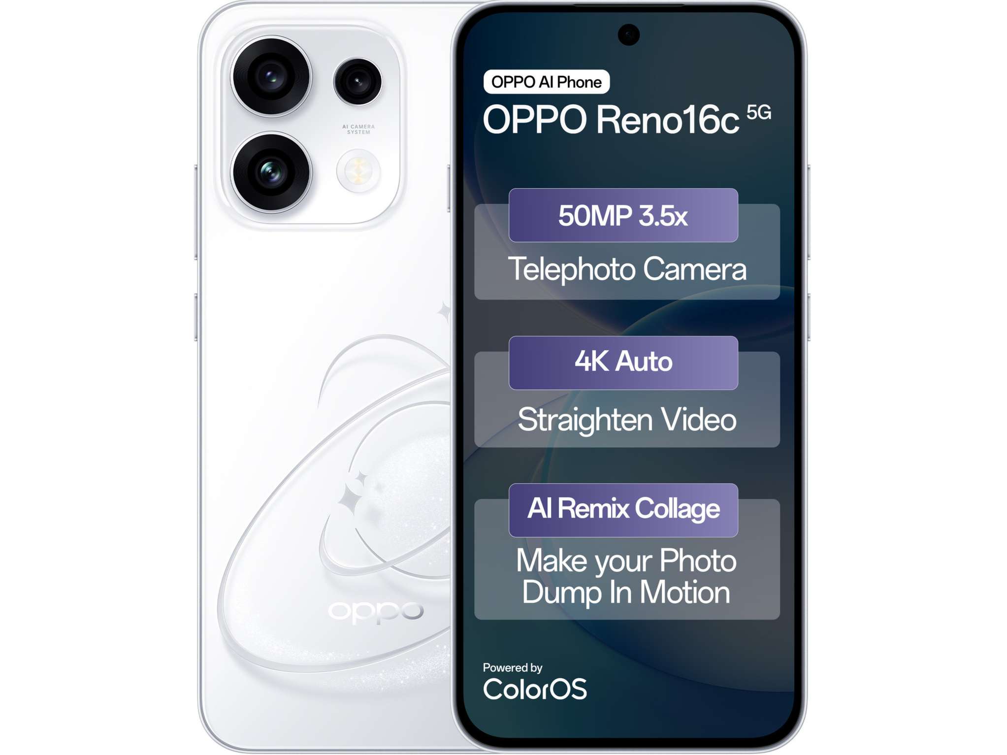 OPPO Reno 16c 5G Smartphone, 12GB RAM, 256GB Storage - Starry White