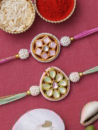 Set of 2 Green and Pink Pearls Kundan Floral Designer Rakhis for Brother, Bhabhi, Kids with Roli Chawal Pack