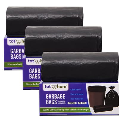 Tot2hom Small Size Garbage Bags 17 x 19 Inches – Black - Pack of 3 Rolls 90 Bags | with Tie-String | Strong Leak-Proof Dustbin Covers for Home, Office, Kitchen, Bathroom, Cafe's, Clinics, Parlours