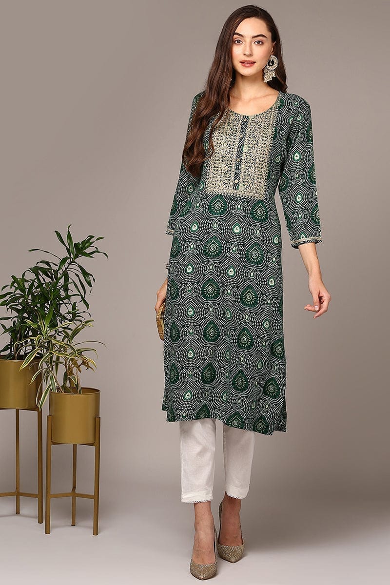 Plus Size Green Viscose Rayon Bandhani Straight Kurta VCK9547
