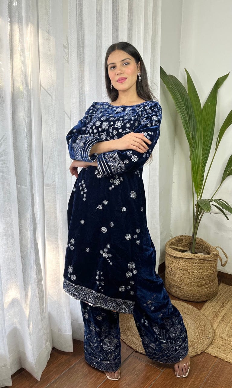 Deep Blue Velvet Suit with Flowing Dupatta-S