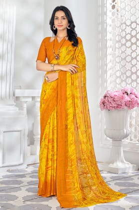 Mustard Yellow Printed Chiffon Saree