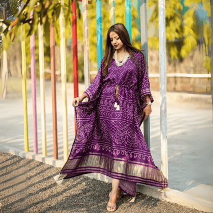 Indulge in Elegance: Exquisite Bandhej Kaftan in Rich Wine Hue by GlamaStitch-Free Size Up To XXL-44