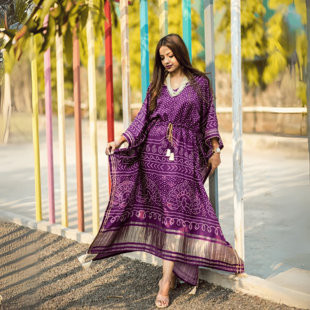 Indulge in Elegance: Exquisite Bandhej Kaftan in Rich Wine Hue by GlamaStitch-Free Size Up To XXL-44