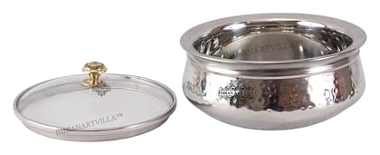 Pure Steel Hammered Design Handi with Glass Lid|1000 ML